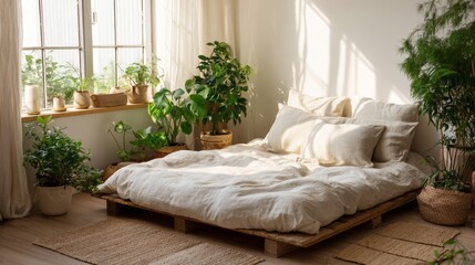 Fototapeta premium A cozy minimalist bedroom with sustainable furniture