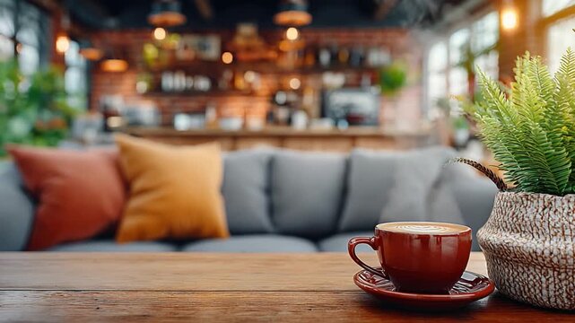 Coffee Shop Serenity: A cozy scene inside a coffee shop, where a steaming cup of coffee rests peacefully on a wooden table, inviting to relaxation, calm, and leisure. 