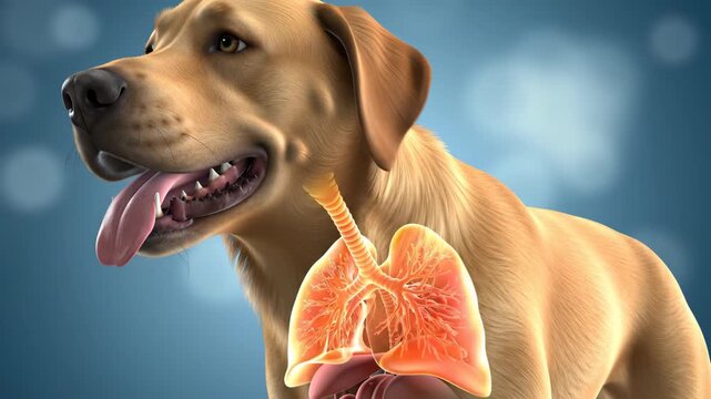 3D animated dog panting with visible respiratory system detail