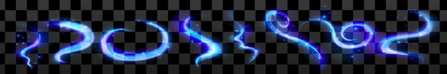 Magic ice wind blue set. Swirl neon effect blue ice with glimmer light.