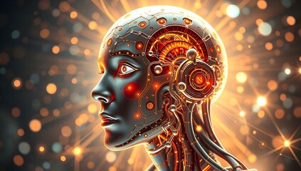 Advanced AI Robot Head with Glowing Brain Neural Network