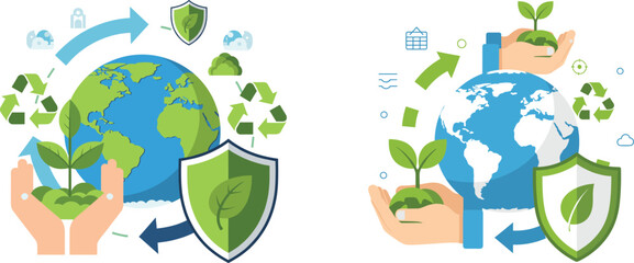 flat vector illustration powerfully communicates the themes of global environmental conservation and sustainable development through symbolic imagery. 