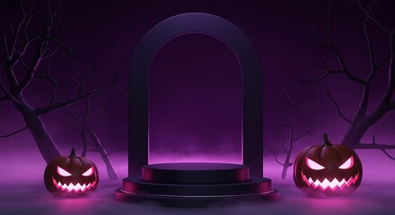 Spooky Halloween stage with glowing portal and pumpkins