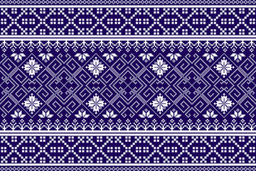 A traditional geometric textile pattern in navy blue  featuring intricate diamond, floral, and line motifs arranged in symmetrical horizontal bands.Geometric pixel art pattern. Pixel art motifs vector