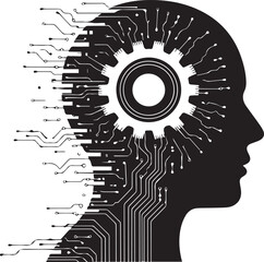 Futuristic human head silhouette with interconnected circuits and central gear representing artificial intelligence and innovation concepts vector