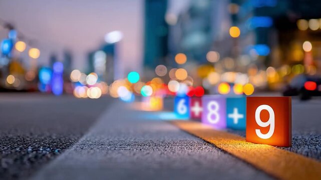 Mathematics on the urban road: Cubes displaying mathematical equations are placed on the urban road with illuminated lights.