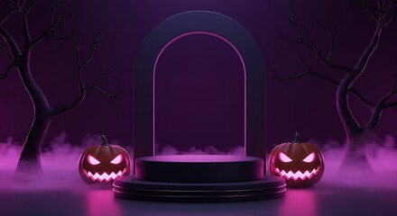 Halloween Podium with Pumpkins and Spooky Atmosphere
