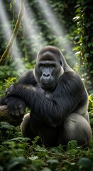 Majestic Gorilla in Lush Green Forest.
