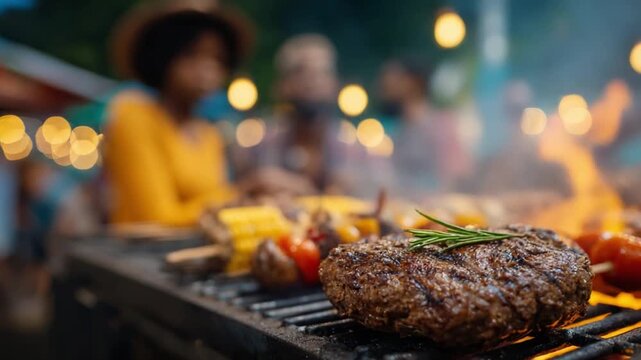 Grilling Delights: a delectable hamburger sizzles atop a blazing grill, with blurred figures of friends and family enjoying an outdoor gathering in the background, a feast for the senses.