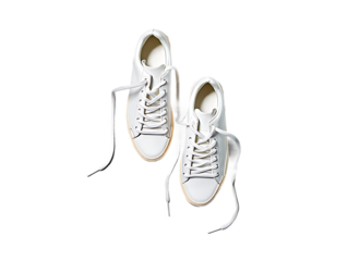 new white leather sneakers with untied shoelaces floating. Isolated on transparent background,