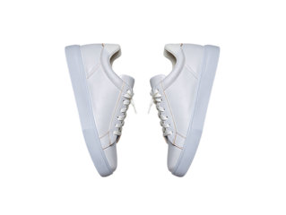 new white leather sneakers with untied shoelaces floating. Isolated on transparent background,