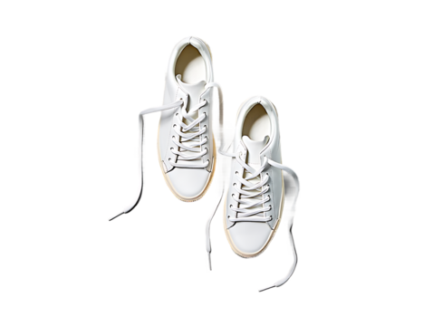 new white leather sneakers with untied shoelaces floating. Isolated on transparent background,
