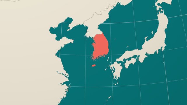 Republic of Korea map. Animated zoom into the country on the Globe in Teal Pale Mint color palette. Country logo animation. Map with meridians, parallels. Stylish video.