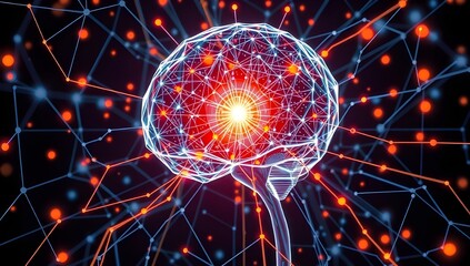 Glowing Digital Brain with Orange and Red Light Patterns