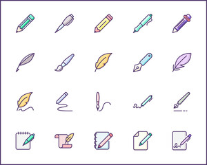 Simple Set of pen Related Vector Line Icons. Vector collection of pencil and quill pen, marker pen, stationery, writing, literature, pen nib symbols or logo elements in thin outline.