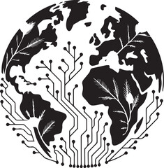 Digital globe with circuitry and leaves symbolizing global technology connectivity and digital transformation innovation vector