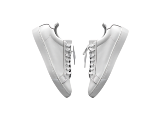 new white leather sneakers with untied shoelaces floating. Isolated on transparent background,