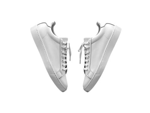 new white leather sneakers with untied shoelaces floating. Isolated on transparent background,