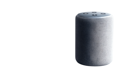 Grey fabric covered cylindrical smart speaker with modern minimal design and seamless texture in contemporary style isolated on white background

