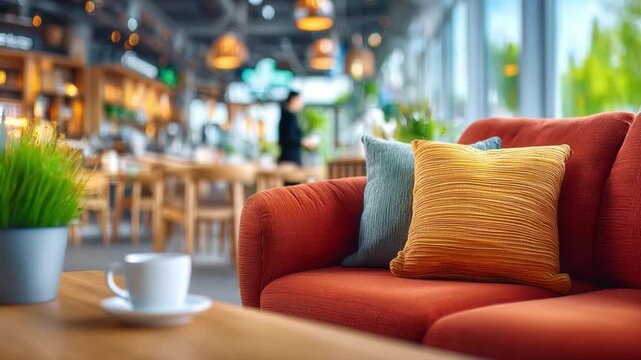 Cozy Cafe Interior: A inviting indoor cafe setting, capturing the essence of a comfortable lounge area with its plush seating and soft furnishings, creating an ideal haven.