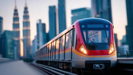 Urban Transit at Dusk: A vibrant commuter train glides along the tracks, set against the backdrop of a bustling cityscape bathed in the warm glow of the setting sun. - Powered by Adobe