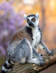 Obraz premium A ring-tailed lemur sits on a branch, alert, with an eye-catching focus, vibrant colors