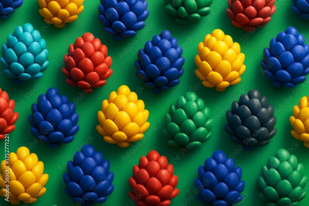 Wall mural abstract colorful pine cone shapes arranged in seamless geometric pattern on vibrant green backgroun
