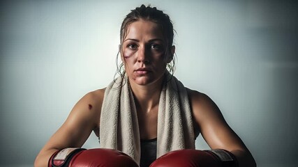 Female boxer resting after training portrait with red gloves and a towel indoors - Powered by Adobe