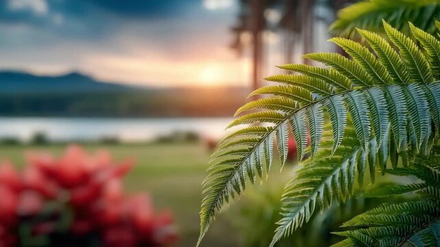 Fern's Glimpse: A lush fern frond frames a captivating scenic overlook, with a backdrop of a serene lake and mountains under a twilight sky. A serene view, highlighting the beauty and serenity.
