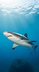 Majestic Mako Shark Swimming in the Deep Blue Ocean.