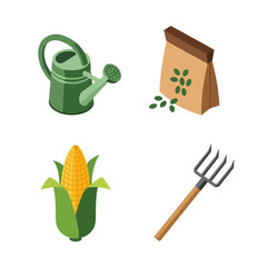 Isometric Farm and Garden Tools with Corn and Seeds.