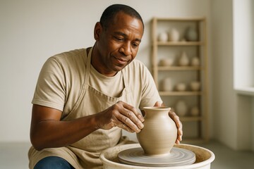 Skilled artisan shaping clay pottery on wheel in bright studio with natural light and cultural background, showcasing creative craftsmanship process. Ai generative