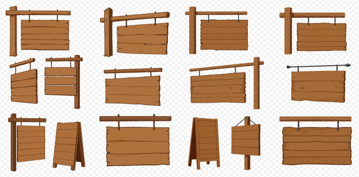 Collection of wooden signs in various styles and orientations, suitable for rustic or vintage designs.