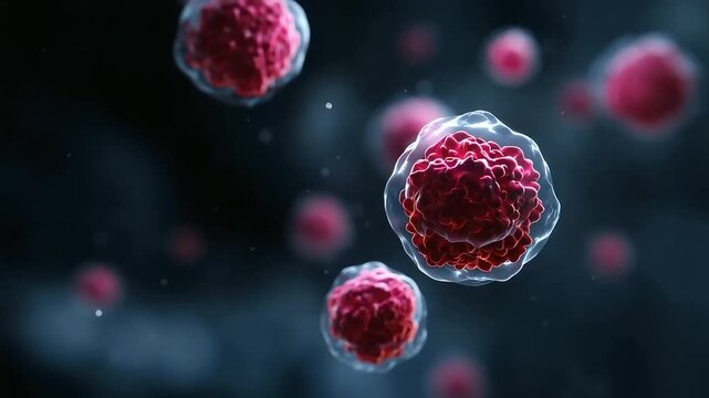 Microscopic 3D rendering of virus cells in dark background, medical science and microbiology concept virus cells, 3D rendering, microscopic visualization, medical science, micro - Powered by Adobe