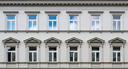 Fototapeta premium Elegant Architectural Facade with Repeating Windows and Ornate Details