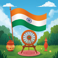 Vibrant and colorful illustration of a happy Gandhi Jayanti celebration scene with a prominent Indian flag waving in the background and a traditional spinning wheel placed at the forefront, surrounded