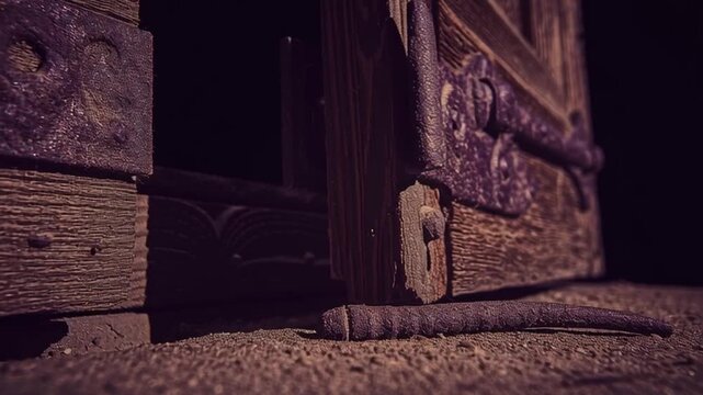 Rustic wooden door with rusty iron hinge and keyhole textured grain moody lighting nostalgic atmosphere evocative closeup detail lock weathered wood