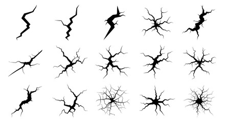 Collection of various crack patterns with different origins and shapes on a white background.