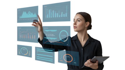 Woman analyzes financial data on futuristic interface, visualizing business growth, trends, and performance metrics for strategic decision-making and success