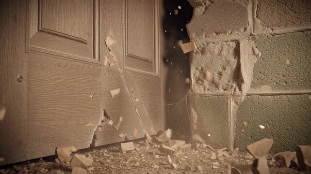 Door burst open wood splinter dust flying as forced entry damages wall cinderblock with debris plaster creating tense dim corridor explosion like