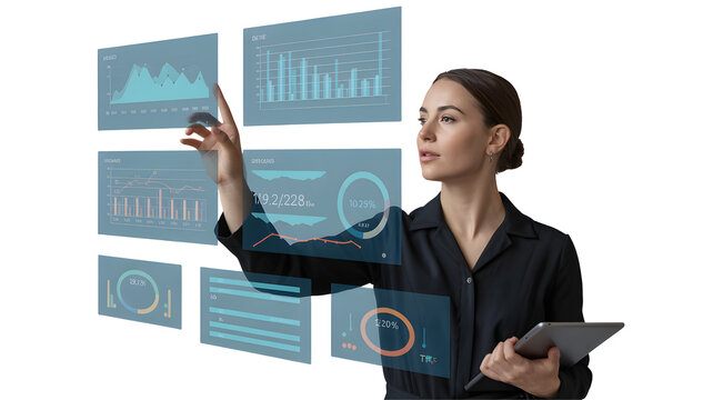 Woman analyzes financial data on futuristic interface, visualizing business growth, trends, and performance metrics for strategic decision-making and success