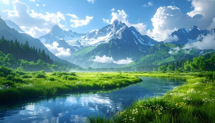 A serene mountain landscape featuring a reflective river, lush green meadow, and snowy peaks under a bright blue sky