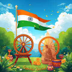Vibrant and colorful illustration of a happy Gandhi Jayanti celebration scene with a prominent Indian flag waving in the background and a traditional spinning wheel placed at the forefront, surrounded
