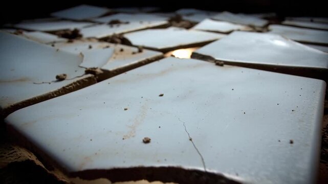 Cracked white tile broken grout dust debris ceramic cracked white ceramic tile gritty mortar rubble revealing warm light beneath close up textured
