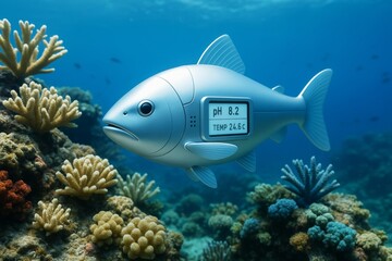 Fototapeta premium Futuristic robotic fish with digital display measuring ocean pH and temperature swimming among coral reef in clear underwater background scene. Ai generative