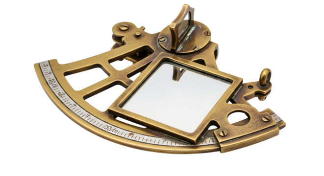 Antique brass sextant isolated on transparent background, a navigational instrument used to measure the angle between a celestial body and the horizon