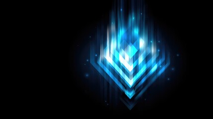 Bright blue abstract geometric shapes ascend against a dark background.