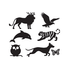 Elegant Vector Silhouette Collection of Distinct Wild and Domestic Animal Icons. 