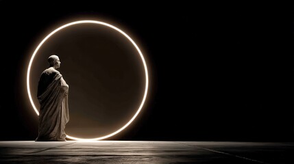 Monk Standing Before a Glowing Halo, Serene Contemplation, Spirituality