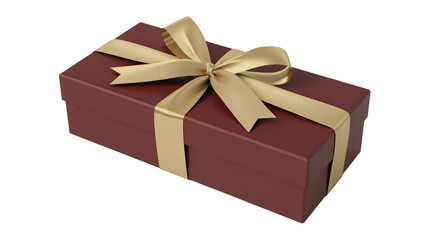 Obraz premium A maroon gift box is tied with a gold ribbon and bow.
